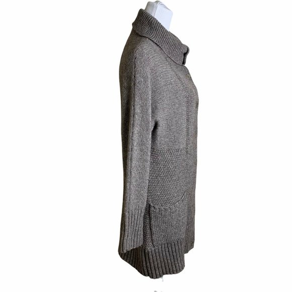 Eileen Fisher Beige Melange Front Pockets High Neck Long Sweater Cardigan M - Picture 5 of 10